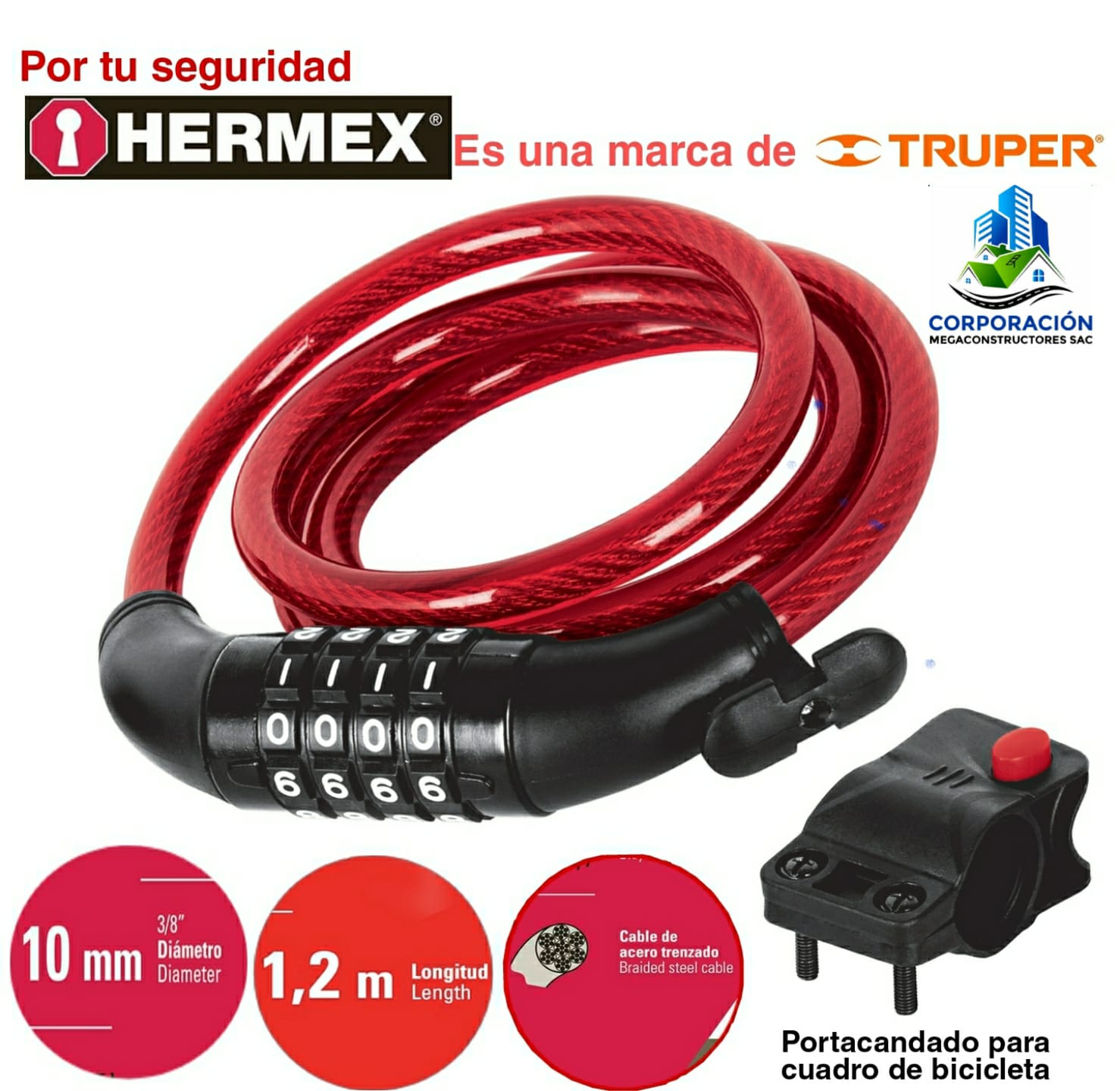 Candado cadena de bicicleta con clave de combinación 10 mm Hermex