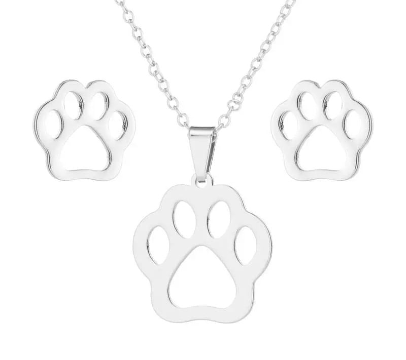 Set collar y aretes huellita de perro plateado