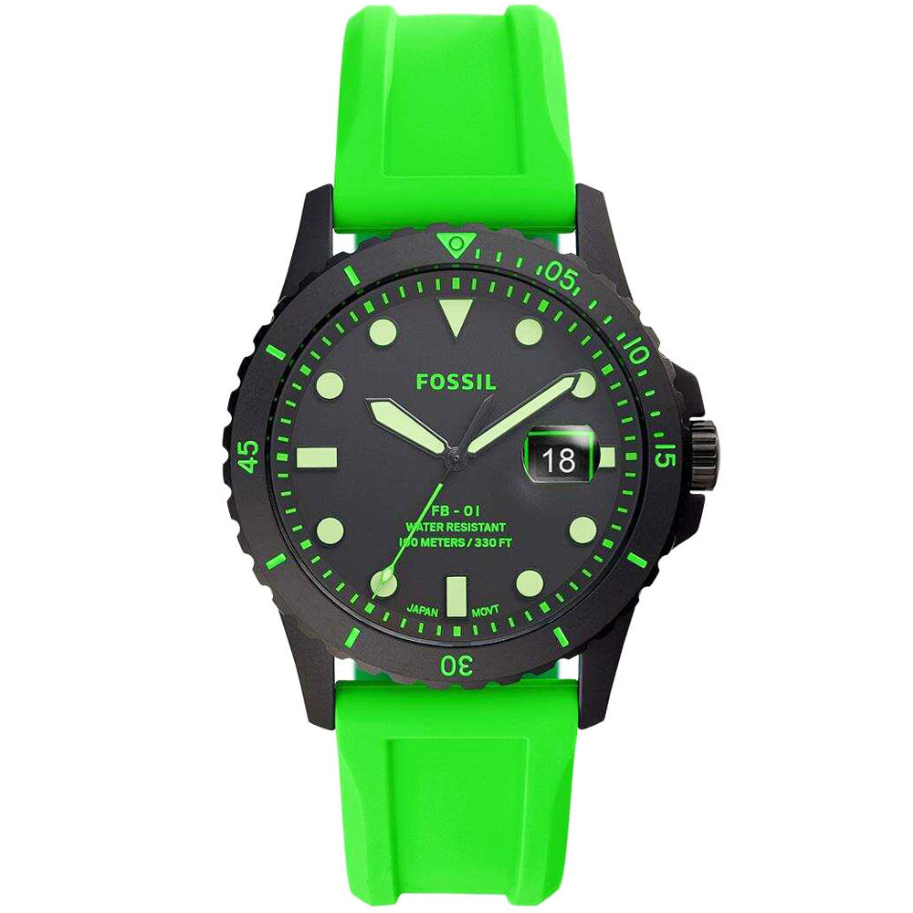 Reloj Fossil FB-01 FS5683 Fecha Correa de Silicona Verde Neón Acero Negro