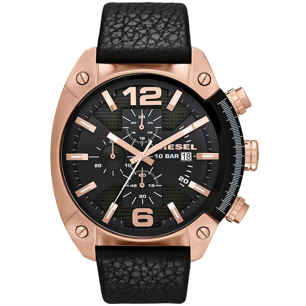 Reloj Diesel Overflow DZ4297 Fecha Cronómetro Acero Inoxidable Rose Gold Correa de Cuero Negro