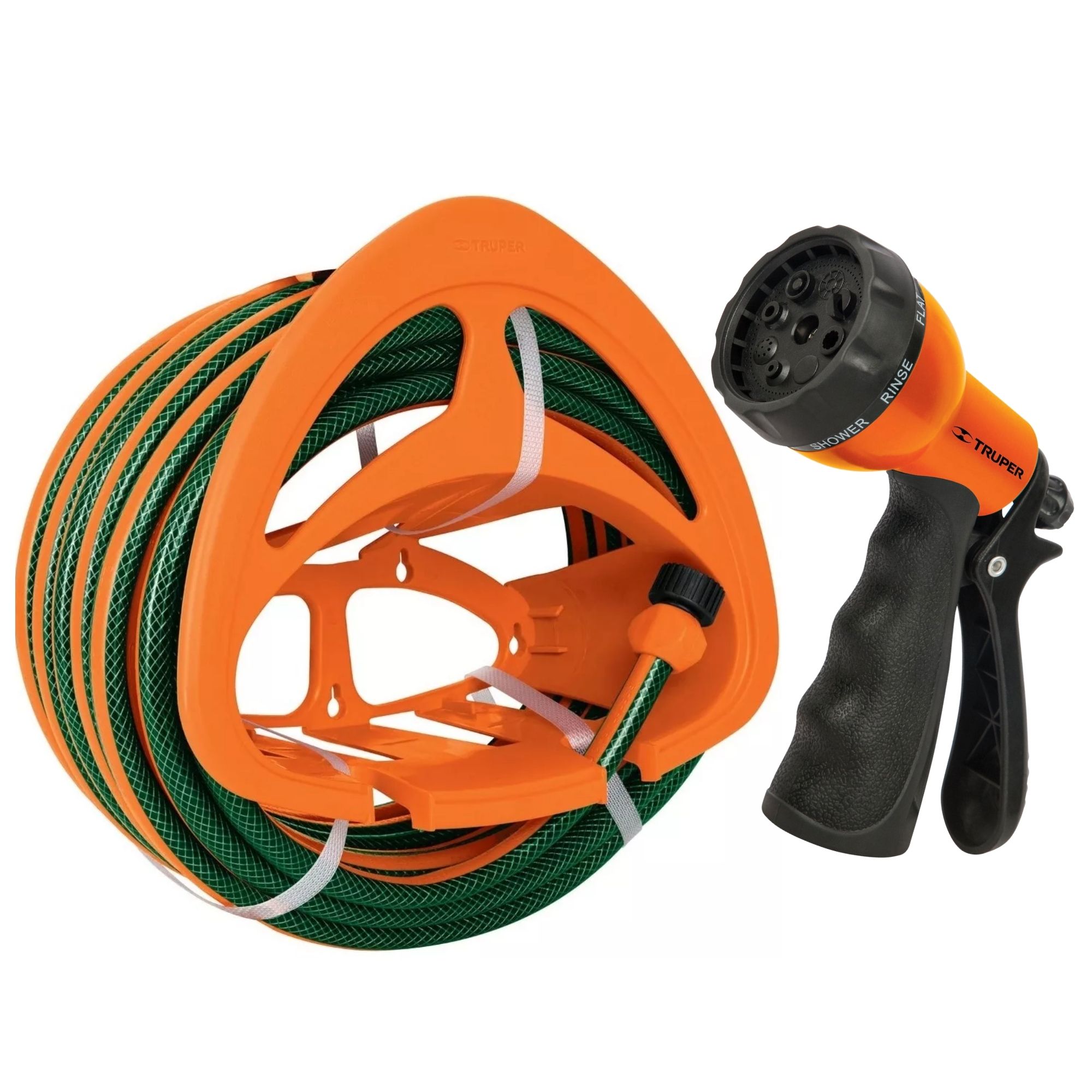 Combo manguera de riego 10m, porta manguera y pistola de riego