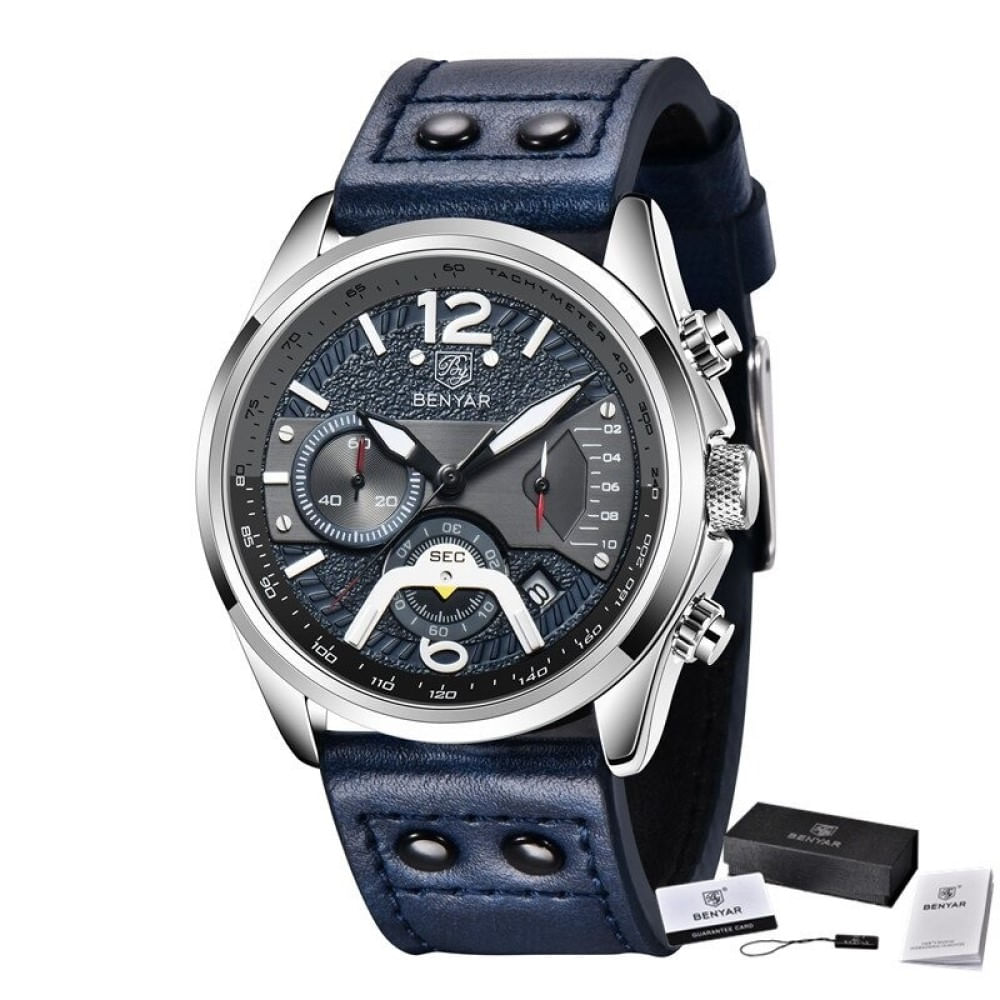 Reloj Lujo BENYAR 5171 Azul Cronografos Correa Cuero