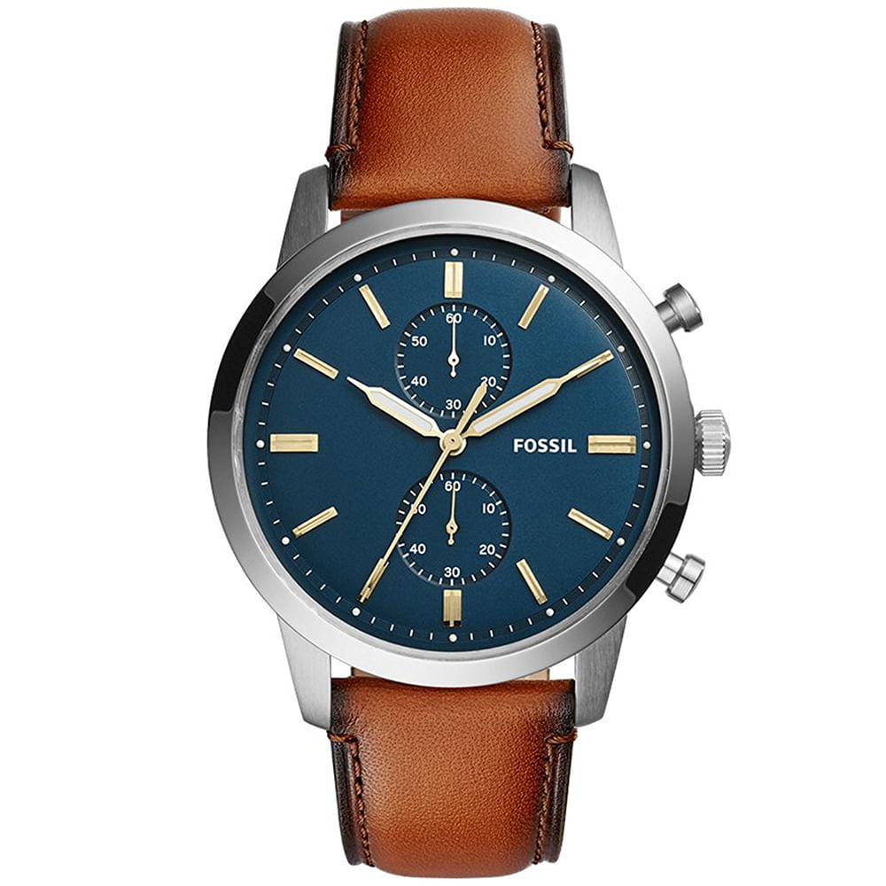 Reloj Fossil Townsman FS5279 Cronometro Correa De Cuero Marrón Dial Azul