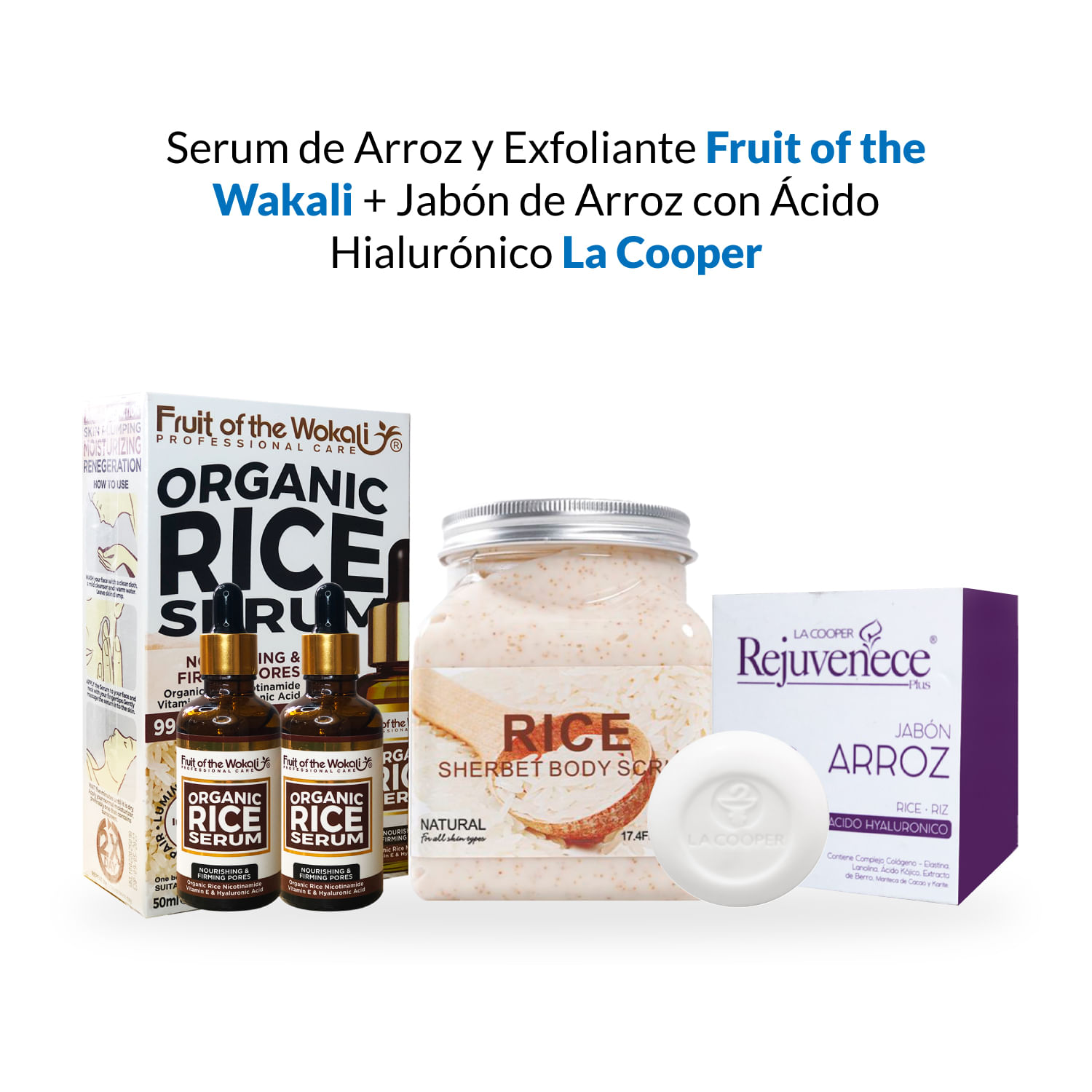 Serum de Arroz Orgánico x2 Botellas + Exfoliante Corporal de Arroz + Jabón de Arroz con Ácido Hialu