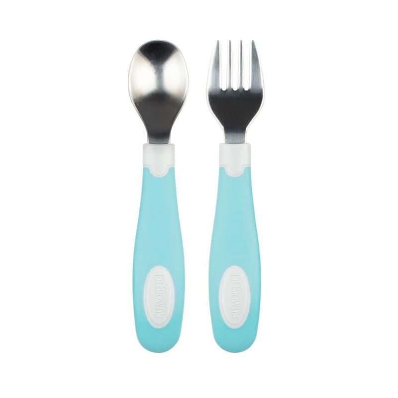 Set de cuchara y tenedor de agarre suave - Celeste