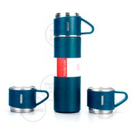 TERMO DE ACERO INOXIDABLE CON 2 TAZAS + BOLSA DE REGALO COLOR AZUL