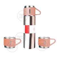 TERMO DE ACERO INOXIDABLE CON 2 TAZAS + BOLSA DE REGALO COLOR PLATEADO