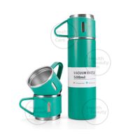 TERMO DE ACERO INOXIDABLE CON 2 TAZAS + BOLSA DE REGALO COLOR VERDE