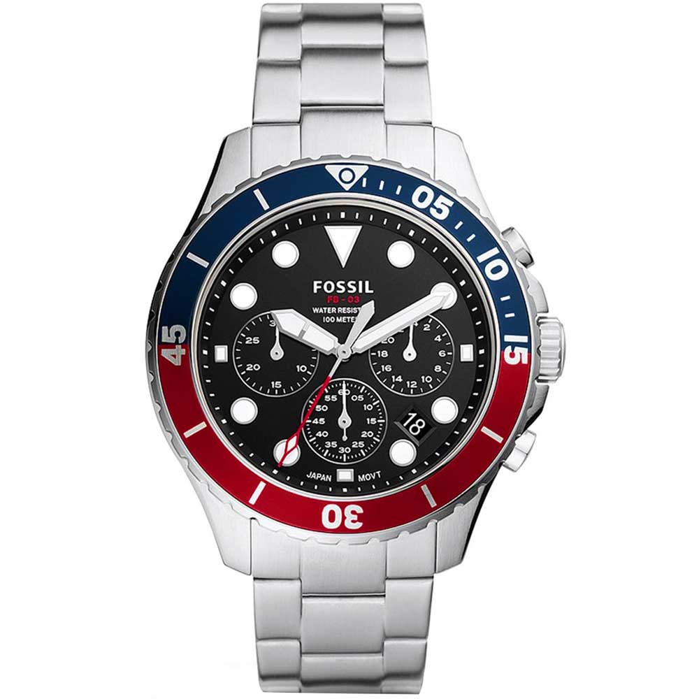 Reloj Fossil FB-03 FS5767 Fecha Cronómetro Acero Inoxidable Plateado Azul Rojo
