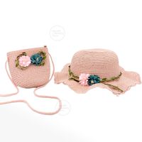 SOMBRERO DE PAJA CON FLORES MAS BOLSO PARA NIÑA COLOR ROSADO BEBE