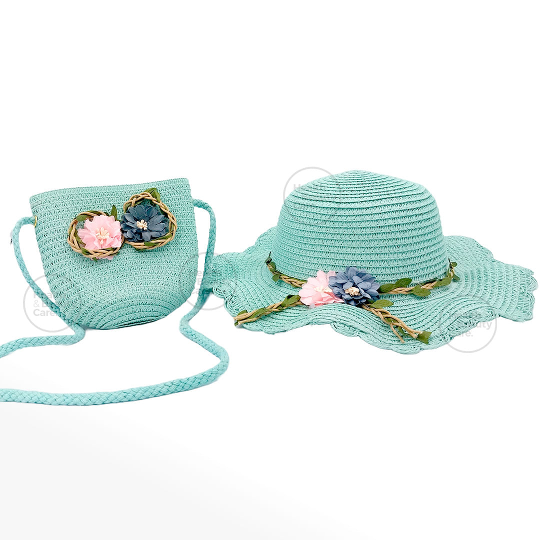 SOMBRERO DE PAJA CON FLORES MAS BOLSO PARA NIÑA COLOR CELESTE