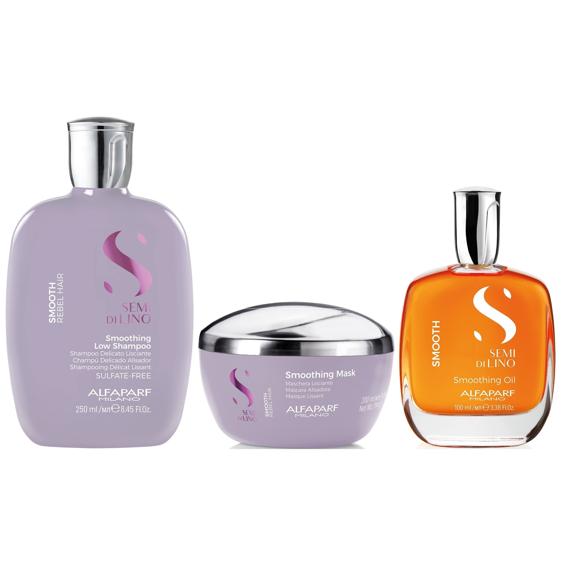 Shampoo Anti Frizz Sin Sal 250ml + Mascarilla + Aceite Alfaparf Smooth