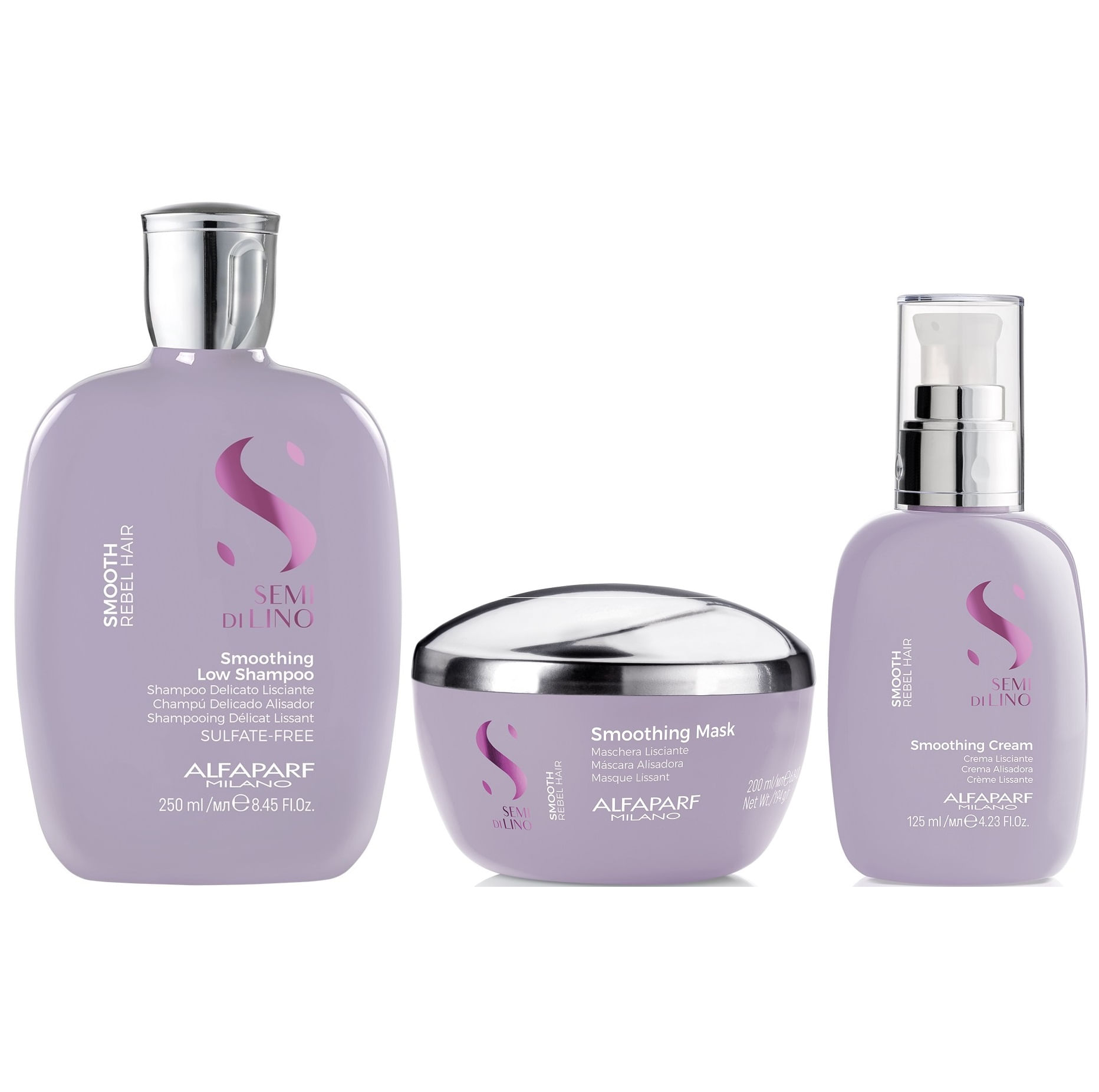 Shampoo Anti Frizz Sin Sal 250ml + Mascarilla + Crema Alfaparf Smooth
