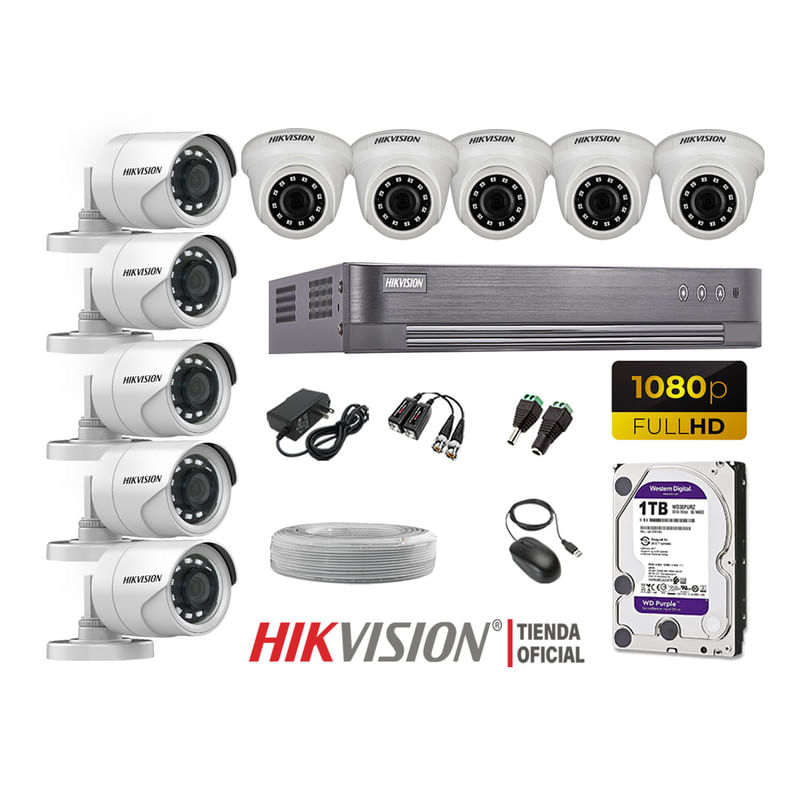 Kit 10 Cámaras Seguridad Hikvision Full Hd 1080P + Disco 1Tb Completo