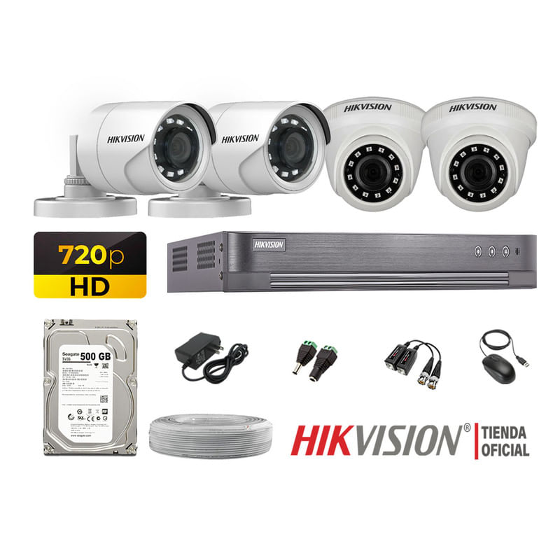 Kit 4 Cámaras Seguridad Hikvision Hd 720P + Disco 500Gb Completo P2P