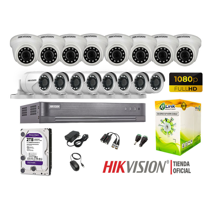 Kit 16 Cámaras Seguridad Hikvision Full Hd 1080P + Disco 2Tb Completo