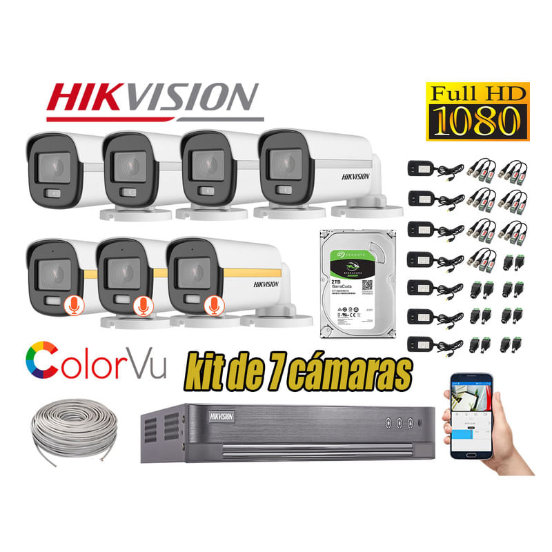 CÁMARAS SEGURIDAD EXTERIOR TUBO KIT 7 1080P COLORVU NOCHE COLOR + DISCO 2TB