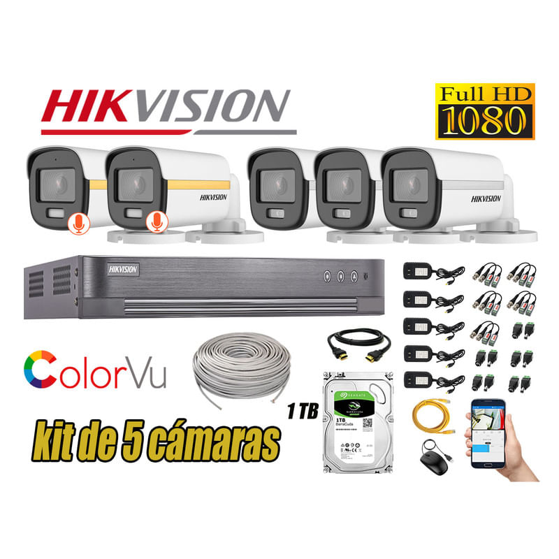 CÁMARAS SEGURIDAD EXTERIOR TUBO KIT 5 1080P COLORVU NOCHE COLOR + DISCO 1TB