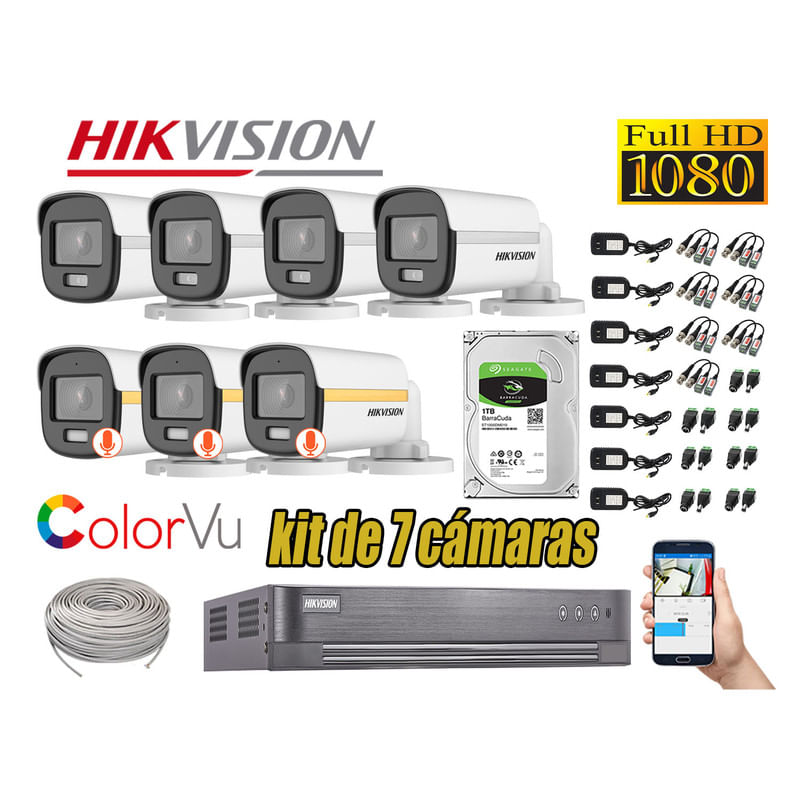 CÁMARAS SEGURIDAD EXTERIOR TUBO KIT 7 1080P COLORVU NOCHE COLOR + DISCO 1TB