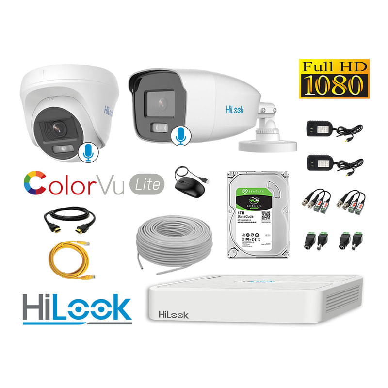 CÁMARAS SEGURIDAD KIT 2 FULL HD HILOOK COLORVU LITE NOCHE COLOR 1TB