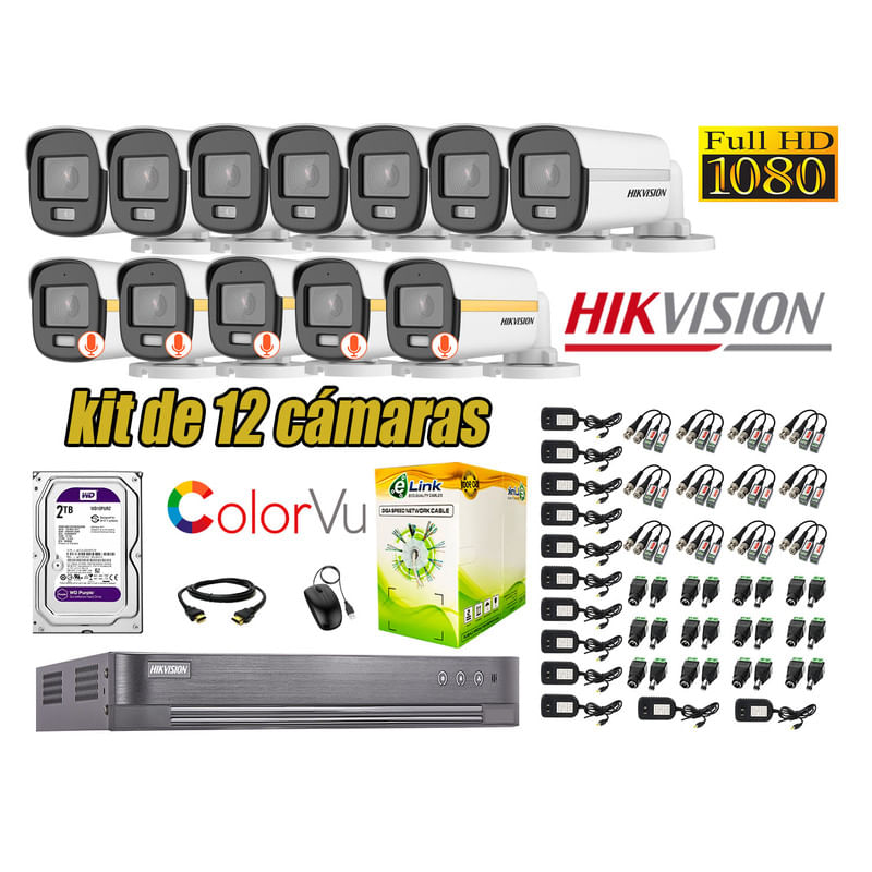 CÁMARAS SEGURIDAD EXTERIOR TUBO KIT 12 1080P COLORVU NOCHE COLOR + DISCO 2TB