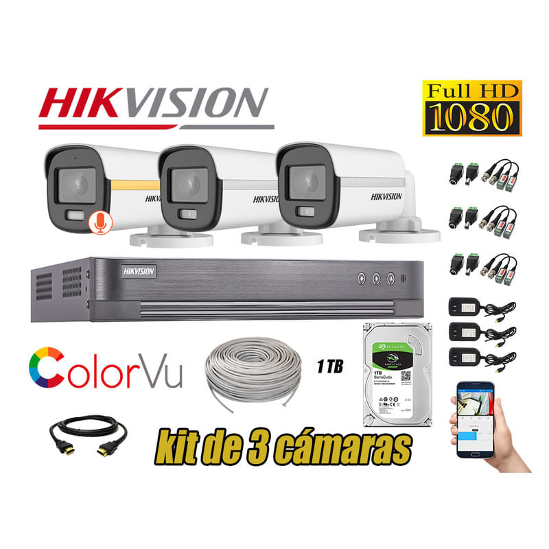 CÁMARAS SEGURIDAD EXTERIOR TUBO KIT 3 1080P COLORVU NOCHE COLOR + DISCO 1TB