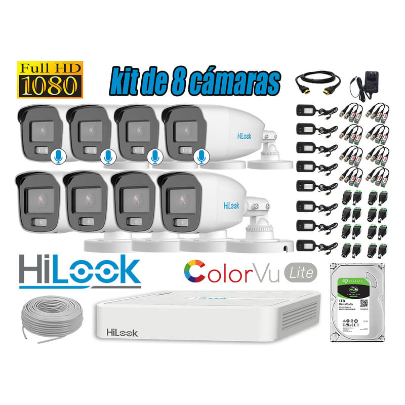 CÁMARAS SEGURIDAD EXTERIOR KIT 08 HILOOK 1080P COLORVU LITE NOCHE COLOR