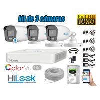 CÁMARAS SEGURIDAD EXTERIOR KIT 3 HILOOK 1080P COLORVU LITE NOCHE COLOR