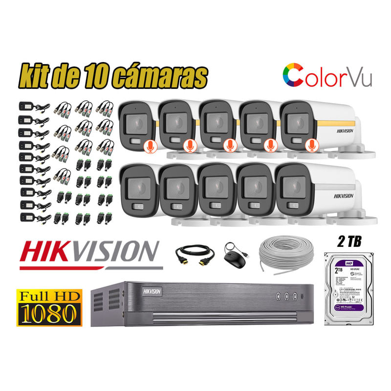 CÁMARAS SEGURIDAD EXTERIOR TUBO KIT 10 1080P COLORVU NOCHE COLOR + DISCO 2TB