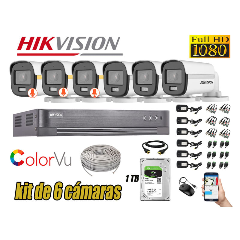 CÁMARAS SEGURIDAD EXTERIOR TUBO KIT 6 1080P COLORVU NOCHE COLOR + DISCO 1TB