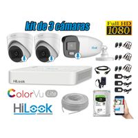 KIT 3 CÁMARAS SEGURIDAD HILOOK FULL HD COLORVU LITE NOCHE COLOR 1TB