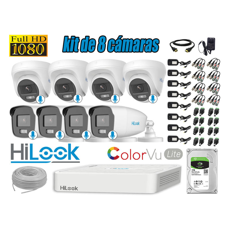CÁMARAS SEGURIDAD KIT 8 FULL HD HILOOK COLORVU LITE NOCHE COLOR 1TB