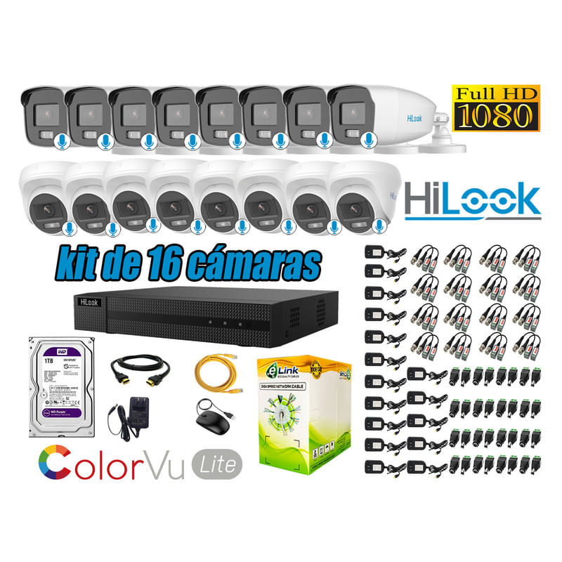 CÁMARAS SEGURIDAD KIT 16 FULL HD HILOOK COLORVU LITE NOCHE COLOR 1TB