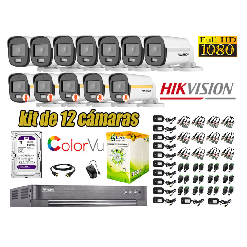 CÁMARAS SEGURIDAD EXTERIOR TUBO KIT 12 1080P COLORVU NOCHE COLOR + DISCO 1TB