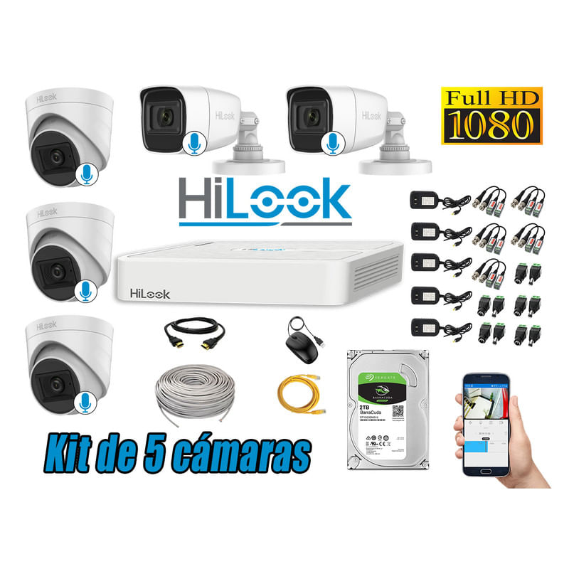 KIT 5 CÁMARAS SEGURIDAD AUDIO INCORPORADO FULL HD + DISCO 2TB