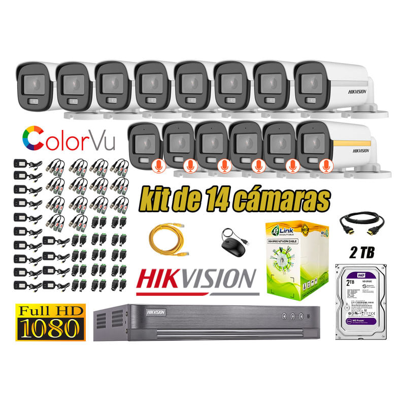CÁMARAS SEGURIDAD EXTERIOR TUBO KIT 14 1080P COLORVU NOCHE COLOR + DISCO 2TB