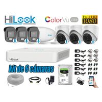 KIT 6 CÁMARAS SEGURIDAD HILOOK FULL HD COLORVU LITE NOCHE COLOR 1TB