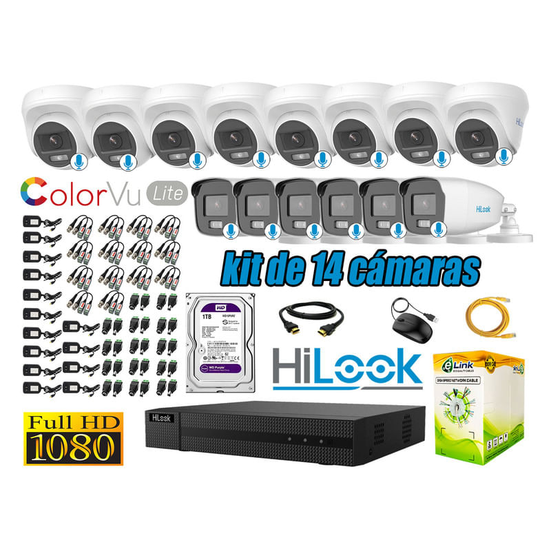 CÁMARAS SEGURIDAD KIT 14 FULL HD HILOOK COLORVU LITE NOCHE COLOR 1TB