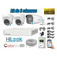 CÁMARAS SEGURIDAD KIT 3 FULL HD HILOOK COLORVU LITE NOCHE COLOR 1TB
