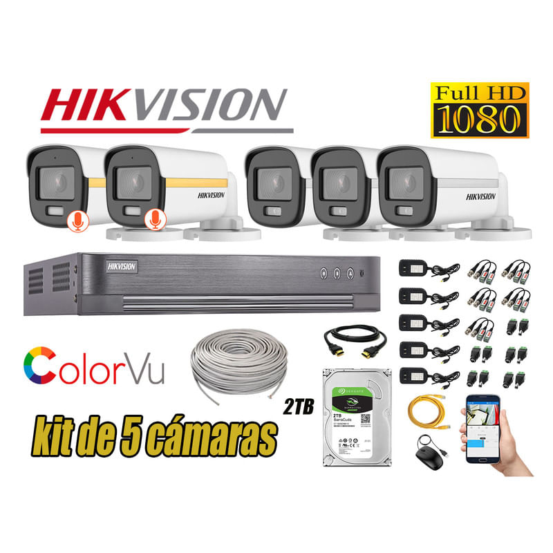 CÁMARAS SEGURIDAD EXTERIOR TUBO KIT 5 1080P COLORVU NOCHE COLOR + DISCO 2TB
