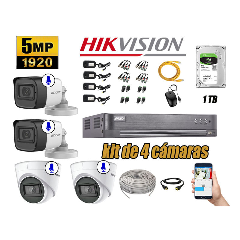 Kit 4 Cámaras de Seguridad Hikvision 5Mp P2p Audio Incorporado Completo