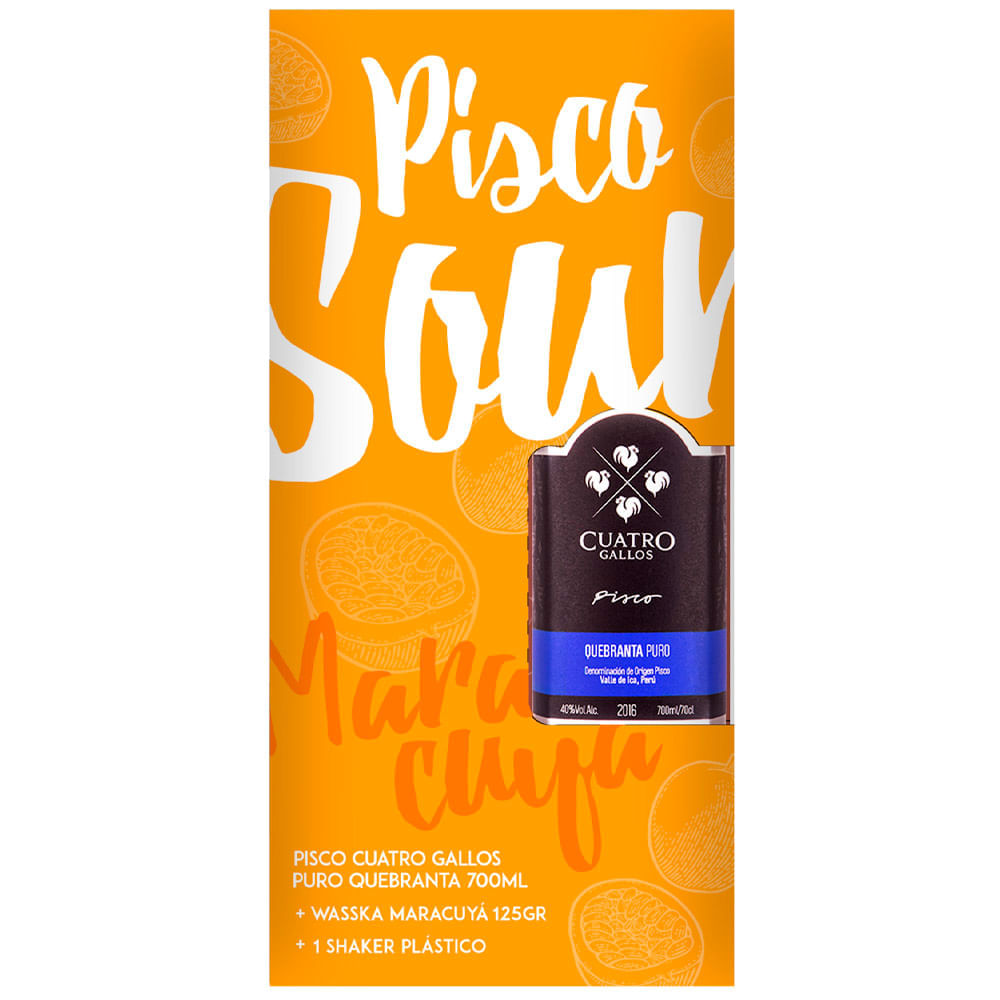 Pack Pisco CUATRO GALLOS Puro Quebranta Botella 700ml + Mix WASSKA Maracuyá Sobre 125g
