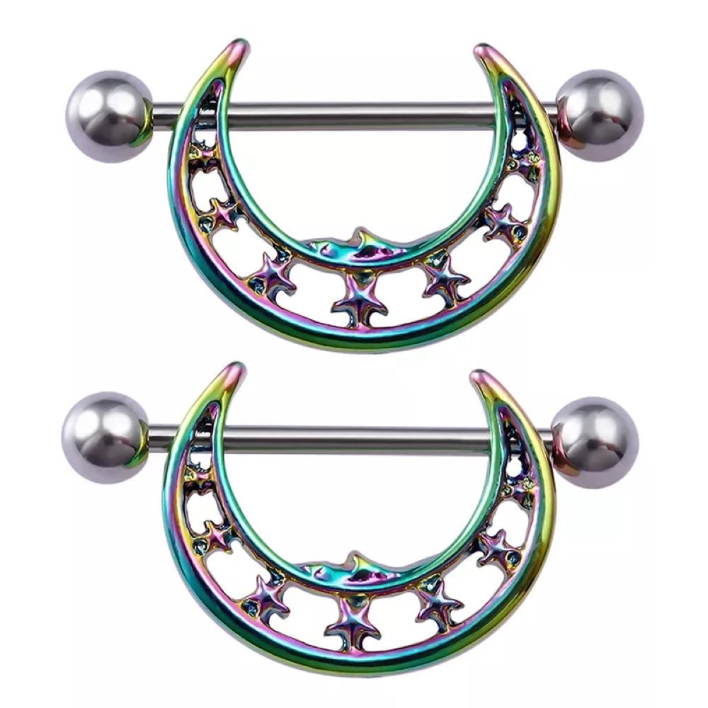 Piercing pezón nipple luna y estrellas multicolor