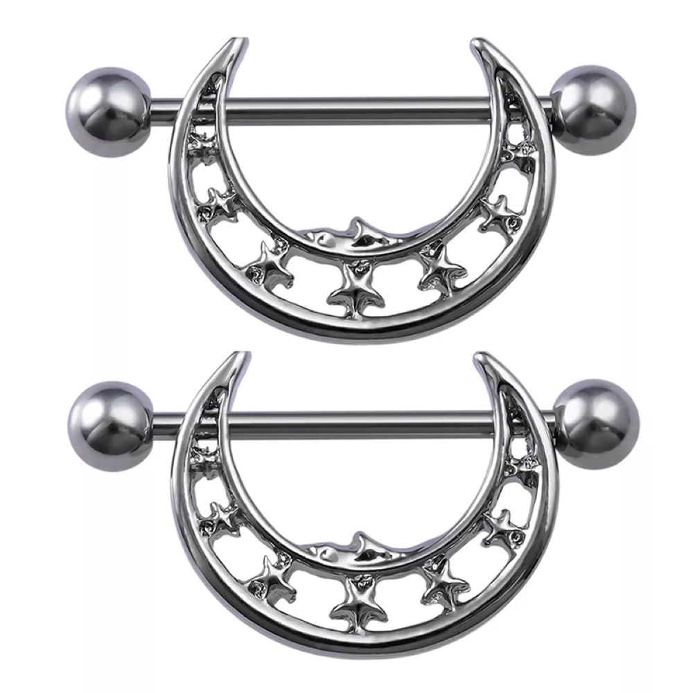 Piercing pezón nipple luna y estrellas plateado