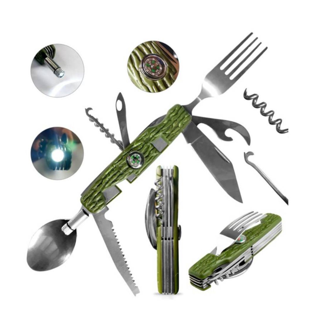 Navaja Multiusos Cuchillo Tenedor Cuchara 11 Funciones Camping Supervivencia