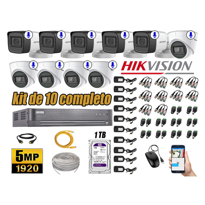 Kit 10 Cámaras de Seguridad Hikvision 5Mp Audio Incorporado Completo
