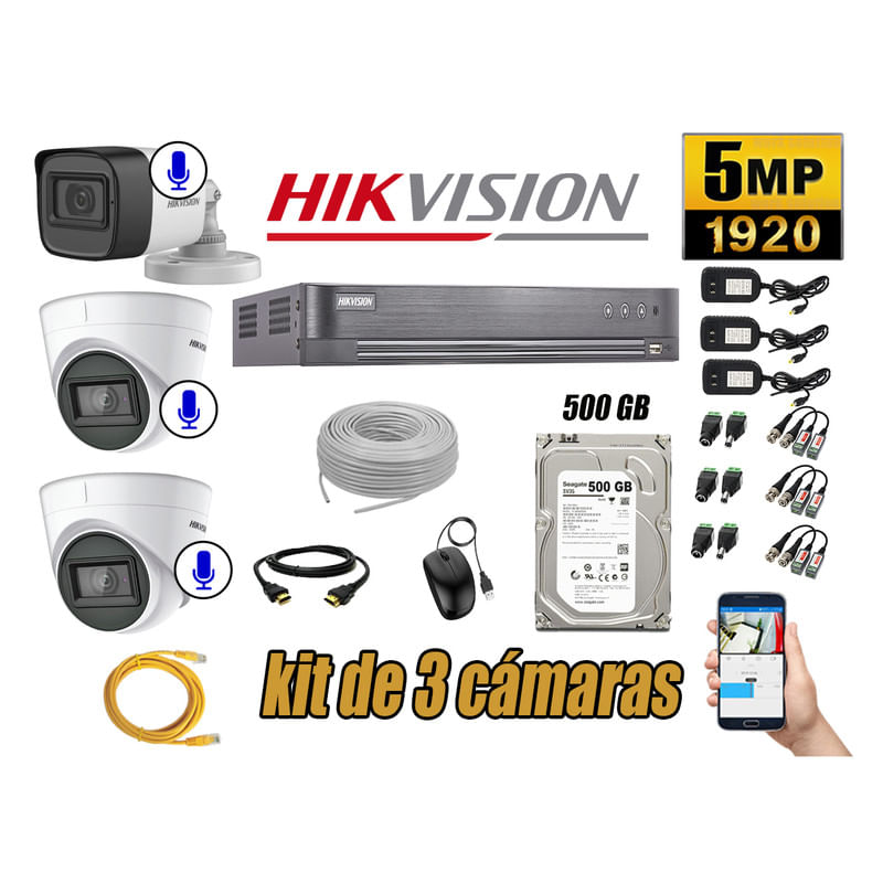 Kit 3 Cámaras de Seguridad Hikvision 5Mp Audio Incorporado Hdmi Completo