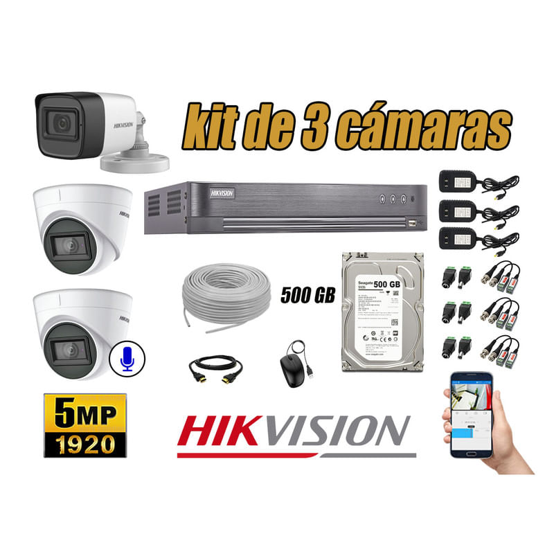 Kit 3 Cámaras de Seguridad Hikvision 5Mp 01 Cámara Audio Incorporado Hdmi