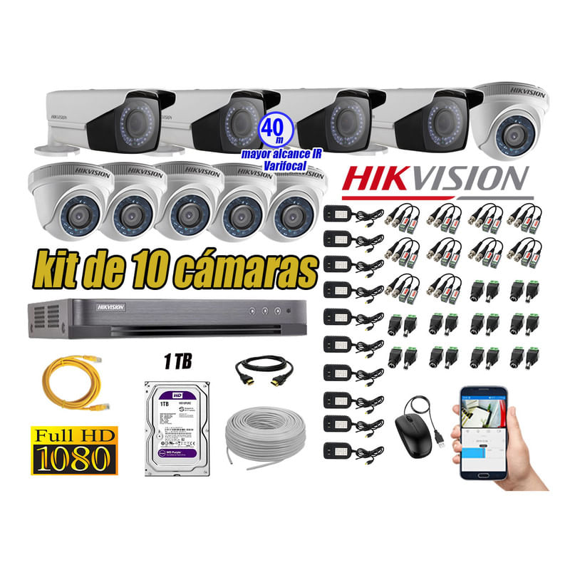 Kit 10 Cámaras de Seguridad Hikvision Full Hd 1080P mas Disco 1Tb P2p Mayor Alcance Varifocal Ip66