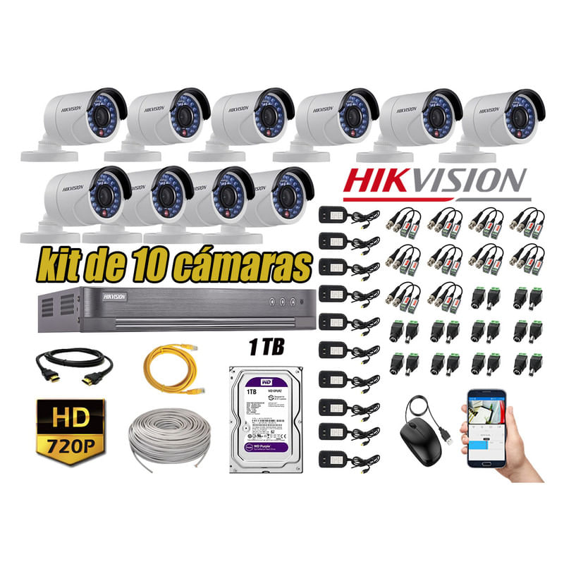 Kit 10 Cámaras de Seguridad Exterior Hikvision Hd 720P Disco 1Tb Wd